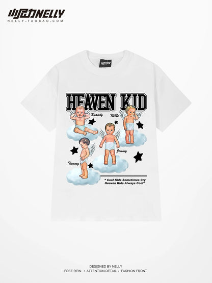 Korean version of loose cartoon little angel print ins short-sleeved T-shirt male and female trendy cotton tops couple summer trend
