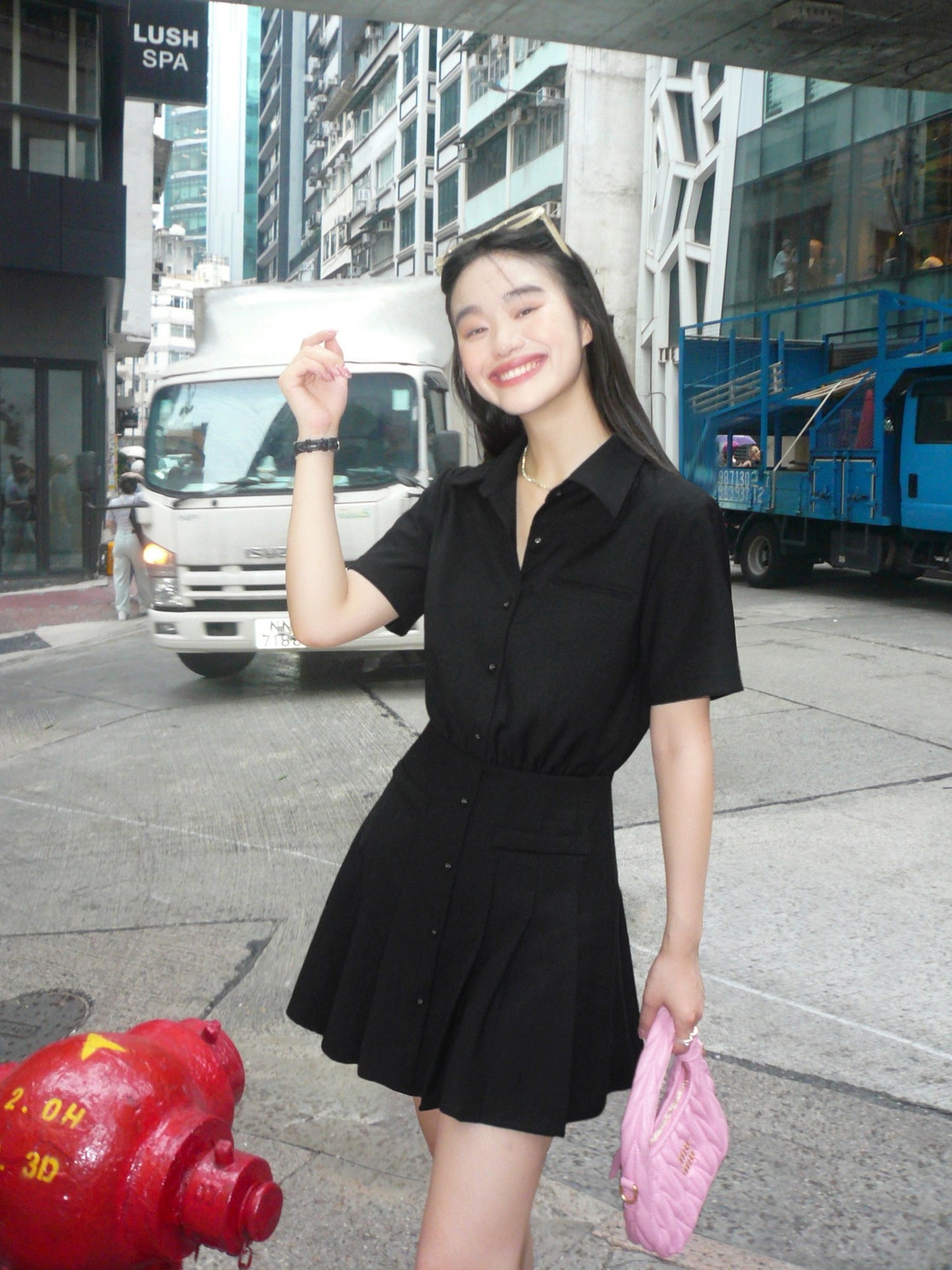 pusumede high-grade temperament shirt dress black dress female design pleated skirt waist A-line short skirt