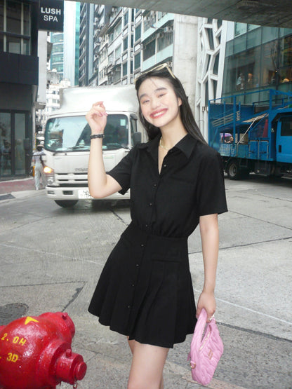 pusumede high-grade temperament shirt dress black dress female design pleated skirt waist A-line short skirt