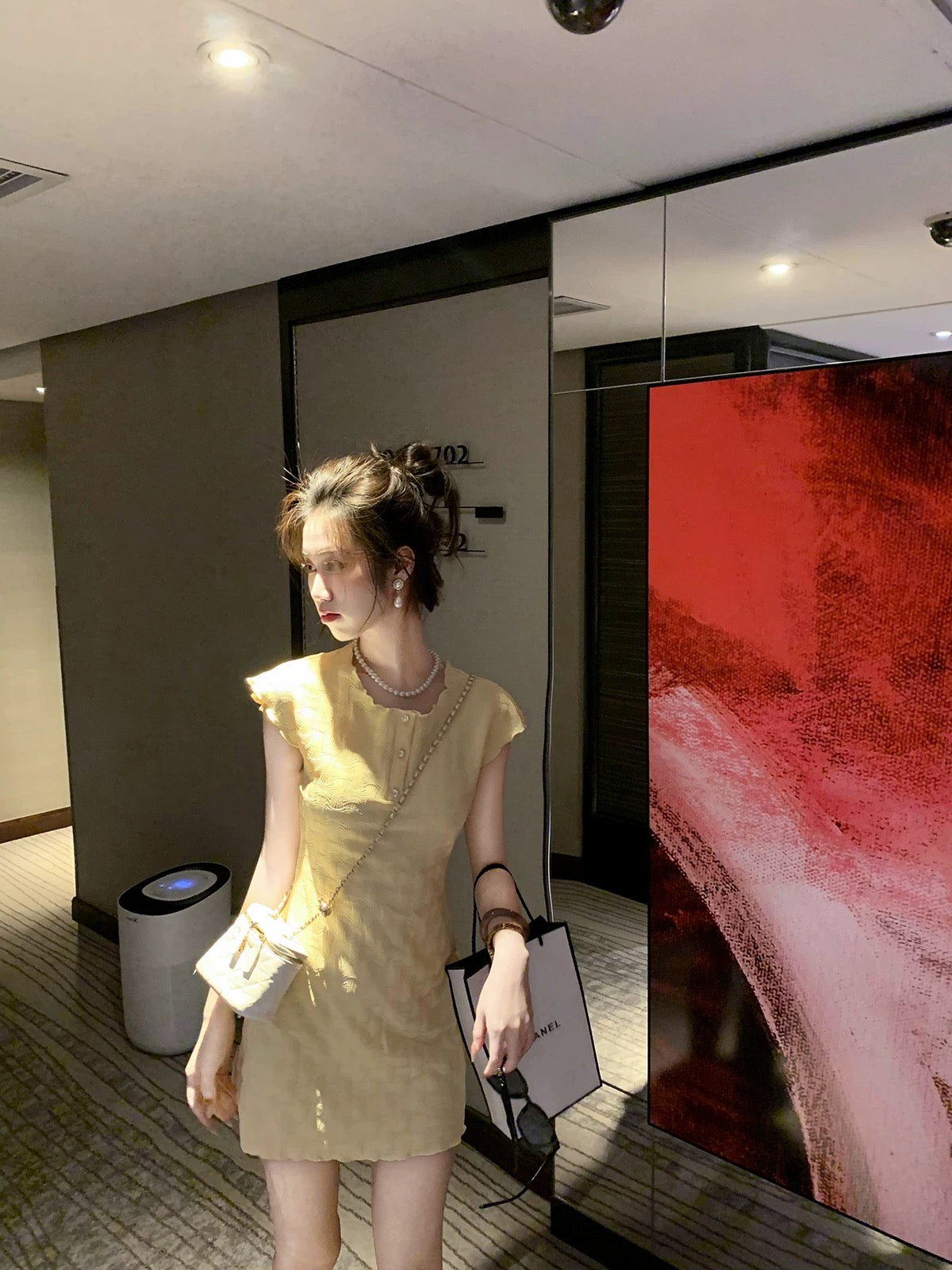 "Ready stock" Fish Rabbit's Rabbit Chanel style short-sleeved dress for women with new style doll collar and pleated skirt