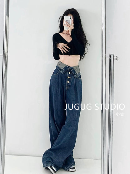 European and American style ultra-wide-leg jeans women's high-waisted loose-fitting slim design waistband cuffed wide-leg floor-mopping trousers trendy