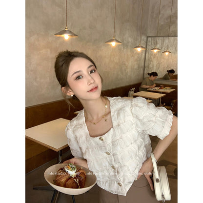 MLS square collar shirt for women 2024 new summer high-end niche shirt unique chic top age-reducing shirt
