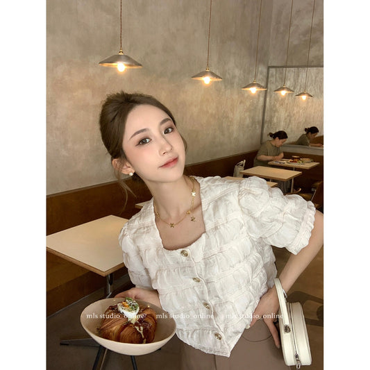 MLS square collar shirt for women 2024 new summer high-end niche shirt unique chic top age-reducing shirt