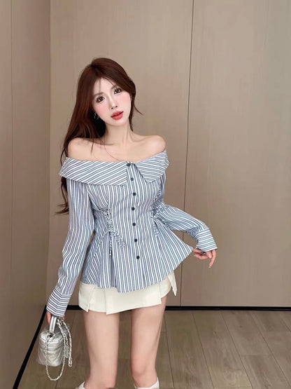One-shoulder strappy striped shirt for women in early autumn, one-shoulder sunscreen shirt for hot girls, niche design
