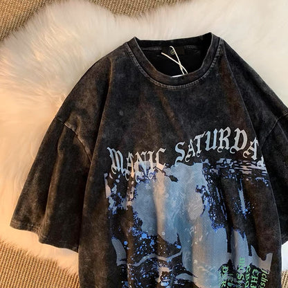 Trendy brand American retro round neck t-shirt oversize2023 summer new style graffiti print loose short-sleeved for men and women (S0625)