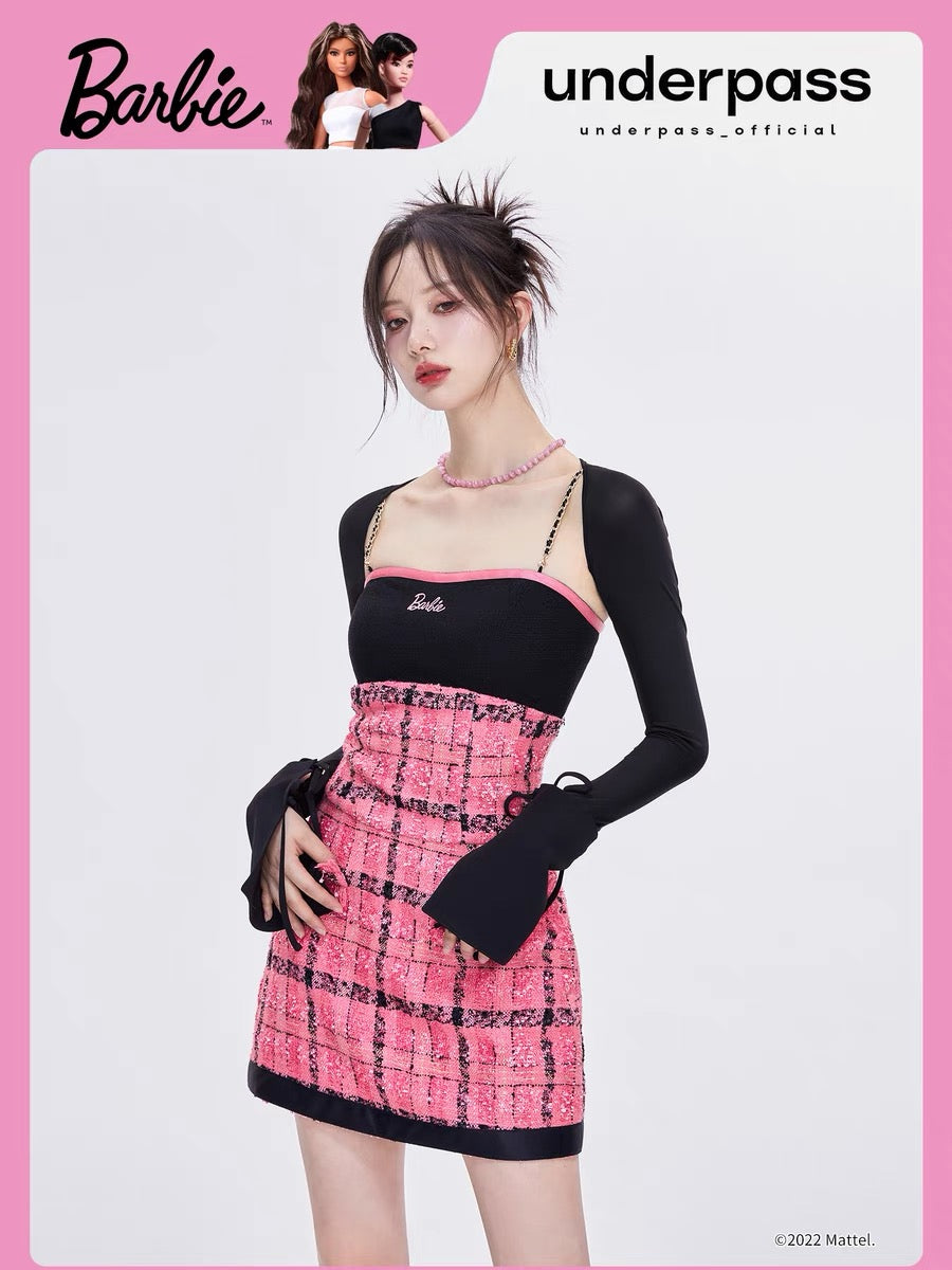 UnderpassX Barbie Barbie co-branded pink plaid small fragrant style suspender waist two-piece a-line dress