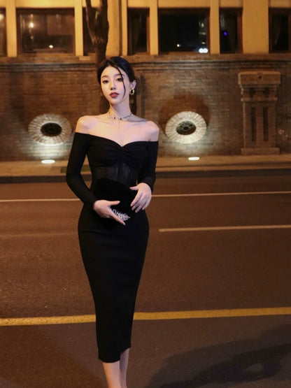 Thirteen and Little French Black Dress Female Autumn Slim Slit One Shoulder Banquet Dress Dress