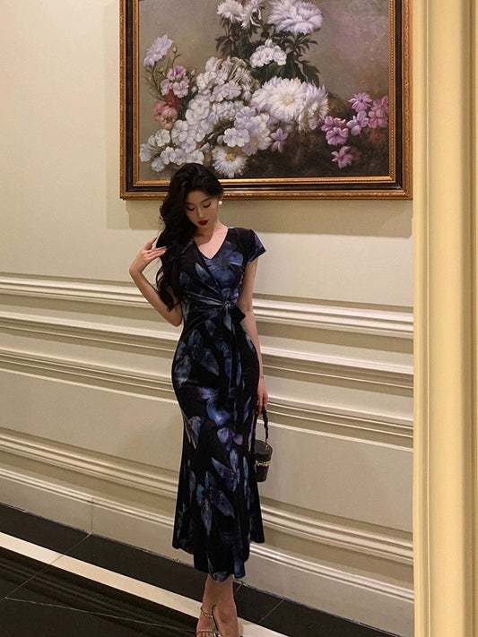 Ge Fuzhen Velvet Butterfly Print Dress Women 2024 Summer New Retro Style V-neck Lace-up Waist Long Dress