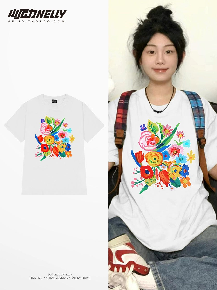 2024 summer new men's and women's short-sleeved T-shirts trendy fashion floral casual cotton round neck tops T-shirts