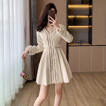 French fashion lady's small fragrant style tweed dress for women autumn new light luxury and foreign style age-reducing pleated skirt