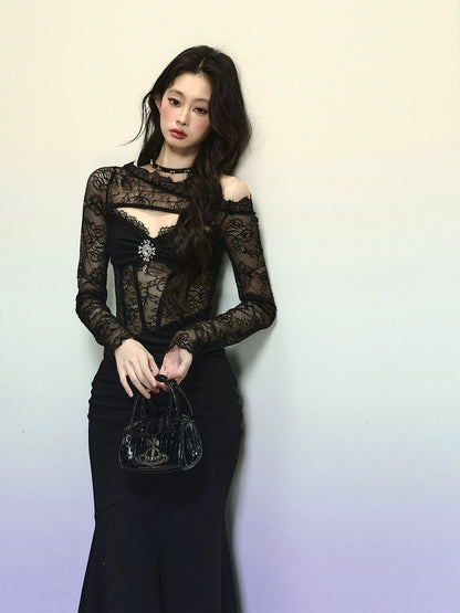 Shaoyeyan Ancient Black Mamba High-grade French annual party dress female autumn and winter lace hip dress long skirt