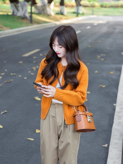 Japanese lazy sweater zipper jacket knitted cardigan pants two-piece suit autumn and winter small people wear a complete set
