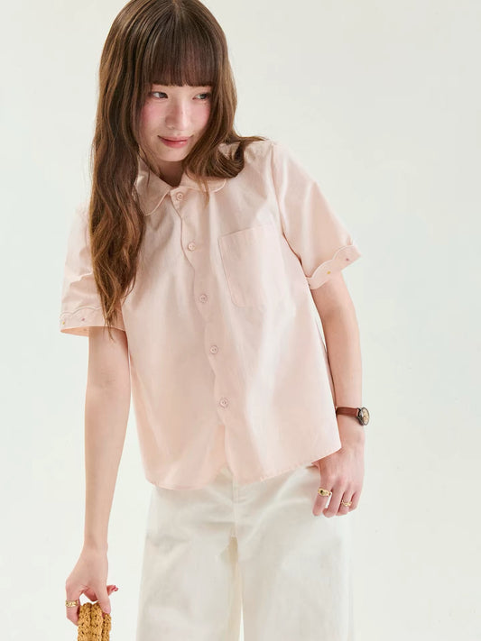 [Beidao AMUU Original] Women's Summer Short-Sleeve Cotton Shirt – Sweet Pink Top with Scalloped Edges and Single-Breasted Design