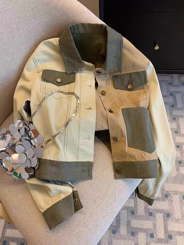 Tide brand design sense splicing contrast color lapel denim jacket men and women spring and autumn niche chic single-breasted jacket jacket