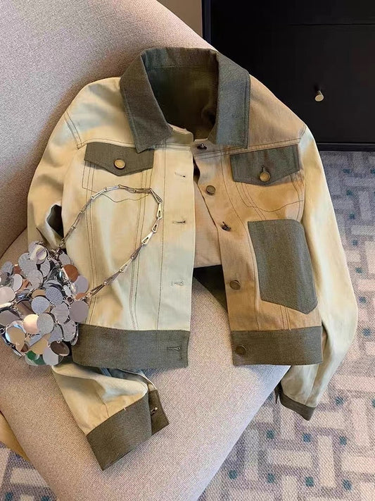 Tide brand design sense splicing contrast color lapel denim jacket men and women spring and autumn niche chic single-breasted jacket jacket