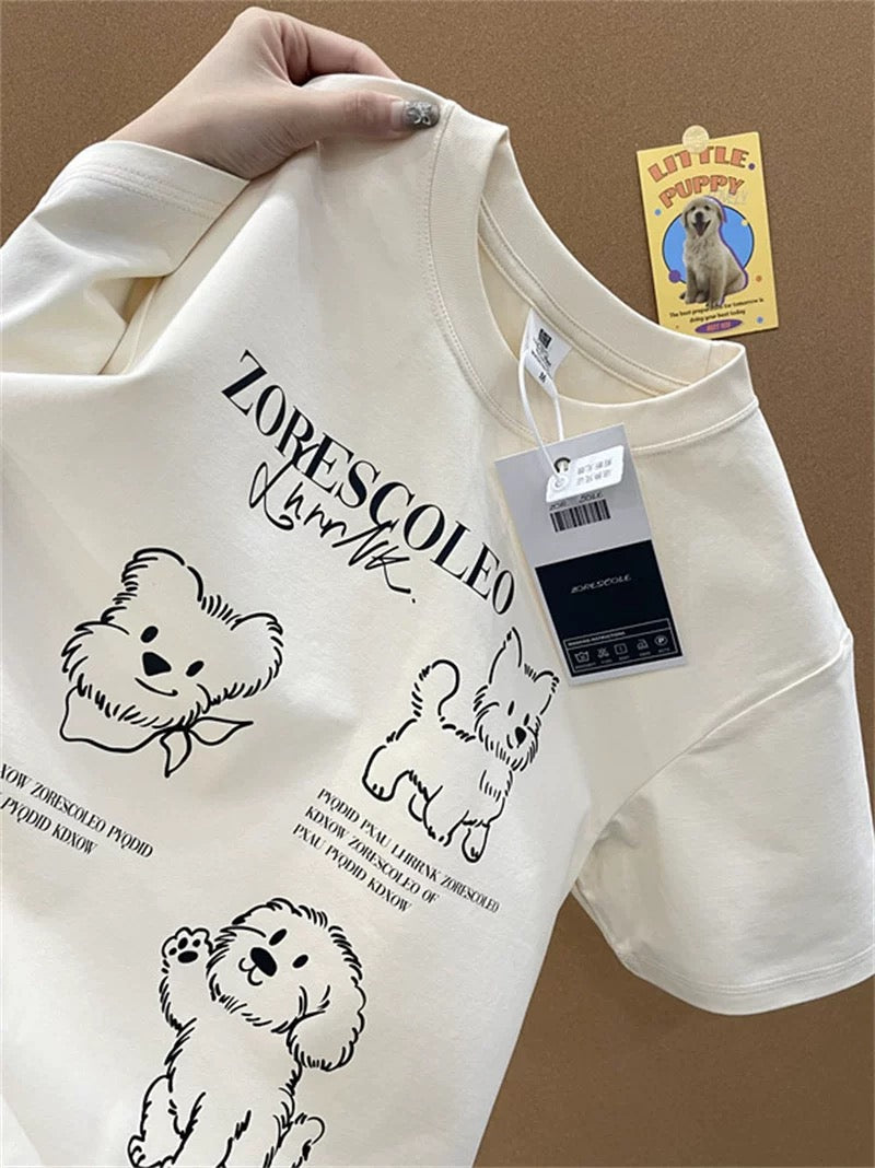 American style ins three bears printed cotton short-sleeved T-shirt men and women summer heavyweight all-match loose couple tops
