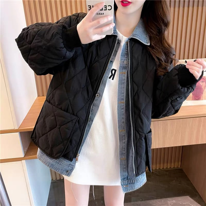 Spliced denim fake two-piece cotton jacket for women autumn new 2023 Korean style loose design top cardigan (S0619)