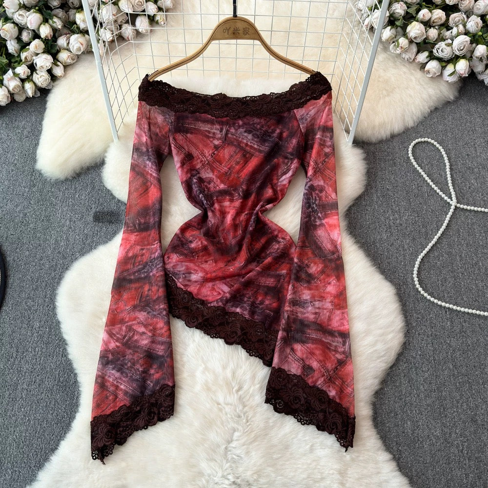 Amorous tops for summer women rose print lace splicing mesh bottoming shirts for women 2024 new style trend