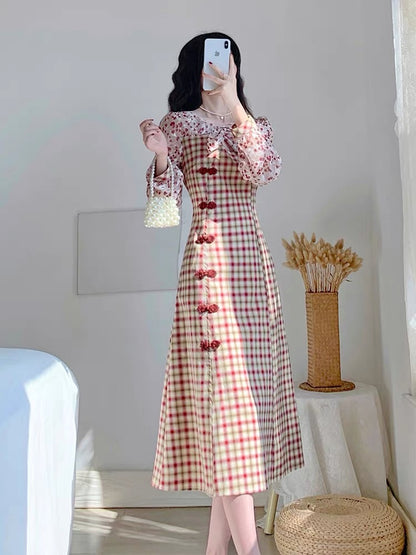 Autumn 2023 new women's skirt French niche design plaid improved cheongsam temperament long-sleeved dress