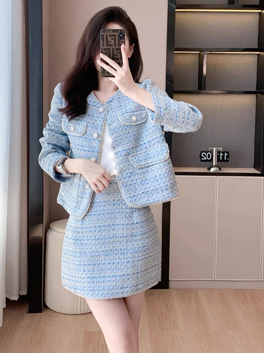 Blue small fragrant style fashion suit for women 2023 autumn new temperament age-reducing celebrity style two-piece set for small people
