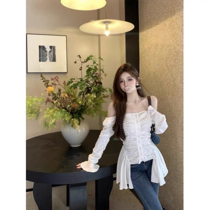 French temperament is unique and chic sexy off-the-shoulder top high-end slim long-sleeved white shirt women's early spring and autumn