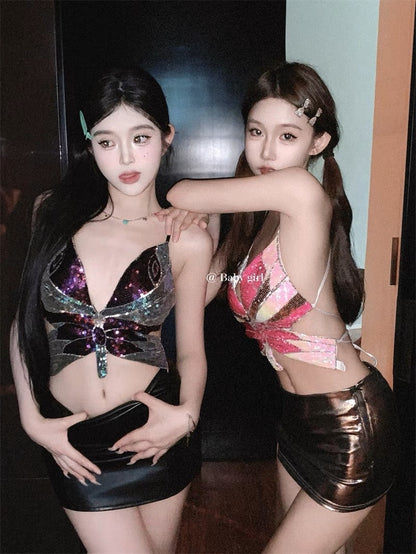 Shiny colorful butterfly sequin camisole women's group summer outerwear pure desire sweet hot girl hanging neck tube top