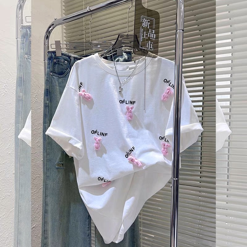 [Designer Detachable Bear] T-shirt Women's White Three-dimensional Doll Short Sleeve 2023 New Design Top