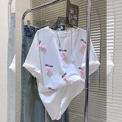 [Designer Detachable Bear] T-shirt Women's White Three-dimensional Doll Short Sleeve 2023 New Design Top