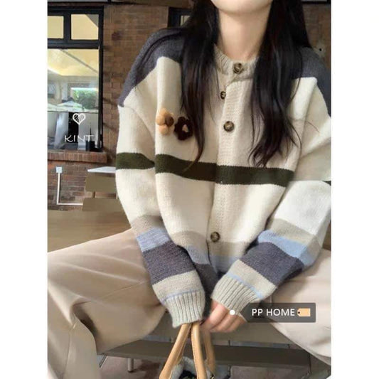 PPHOME Good-looking Korean girl~Korean style gentle and lazy three-dimensional flower retro knitted cardigan striped sweater jacket