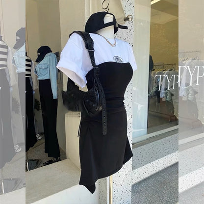 [Designer Model] Fake two-piece short-sleeved dress for women, new style, slimming, age-reducing design and temperament skirt