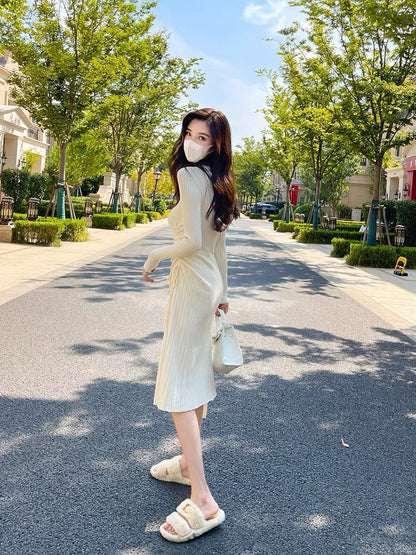Lin Yaner white knitted dress women's autumn and winter clothing 2023 new French style bottoming autumn and winter sweater dress (D181)