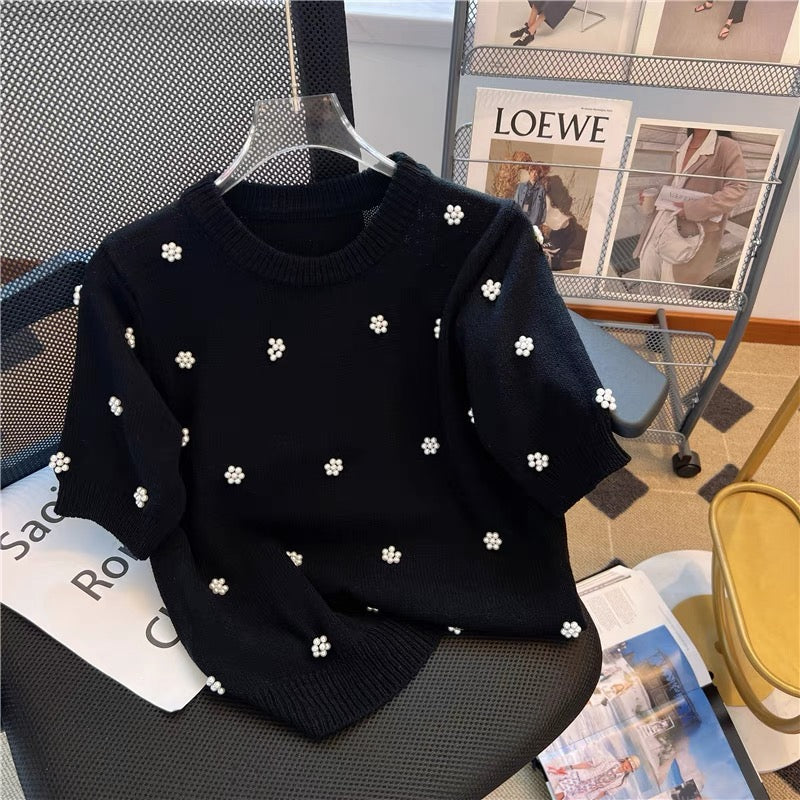 Xiaoxiangfeng French sweet short-sleeved sweater women's summer design niche unique chic high-end short top