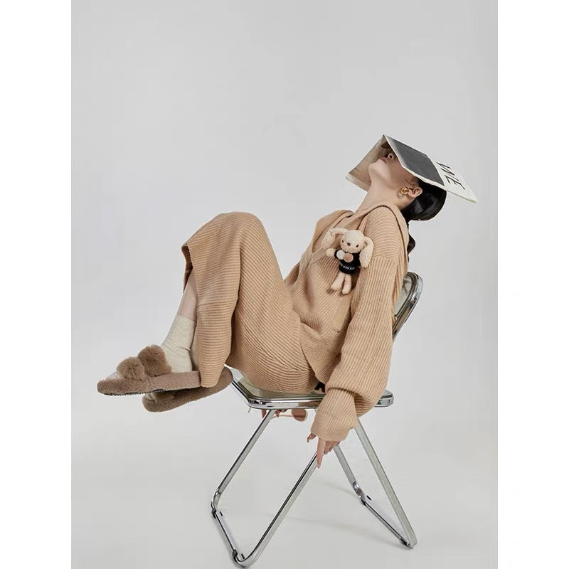 LLL LAB/Xiaoxiangfeng suit winter two-piece hooded knitted top dress tea style outfit complete set (S0561)