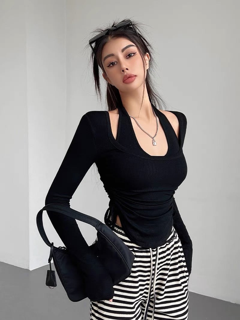 liviahome hot girl black halterneck long-sleeved T-shirt women's autumn tight short bottoming shirt top two-piece set (T192)