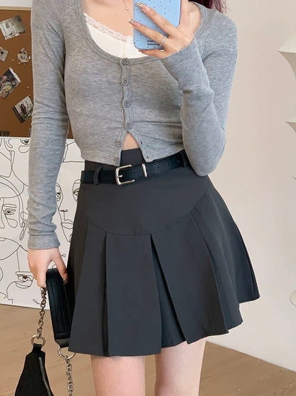 RENA with belt college style sweet and cool girly gray high waist cover hips slim A-line suit pleated skirt