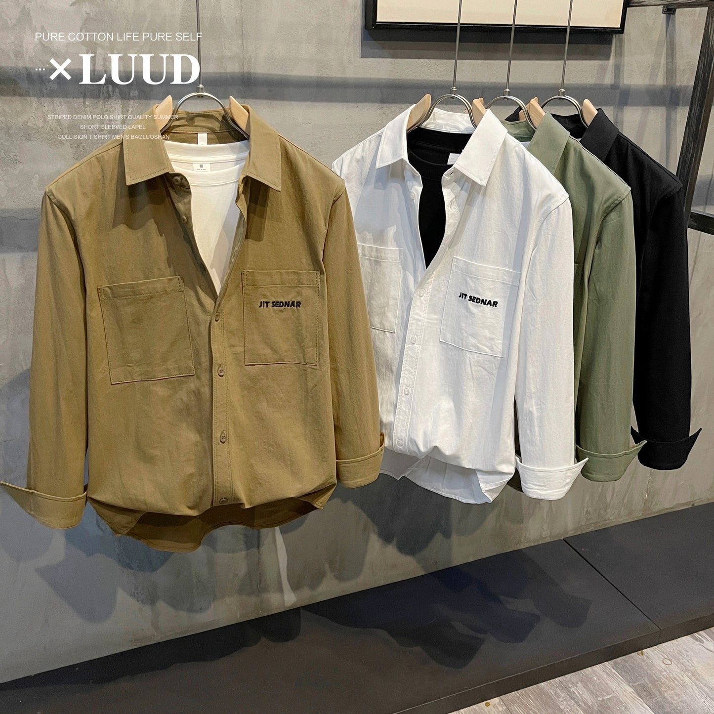 LUUD 100 pure cotton fabric comfortable lapel shirt simple and versatile solid color tooling trend men's long-sleeved thin coat