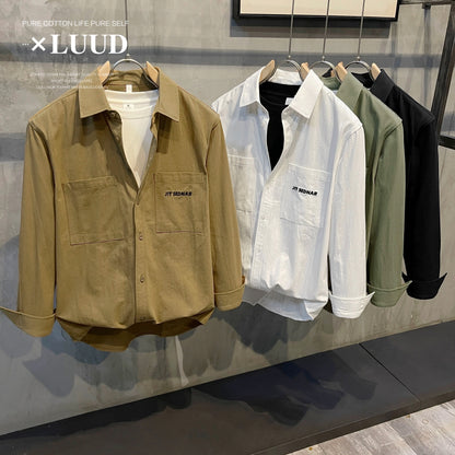 LUUD 100 pure cotton fabric comfortable lapel shirt simple and versatile solid color tooling trend men's long-sleeved thin coat