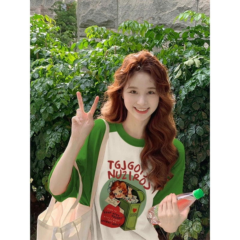 Raglan short-sleeved T-shirt for women in summer dopamine wear design niche cute sweet art raw milk good top