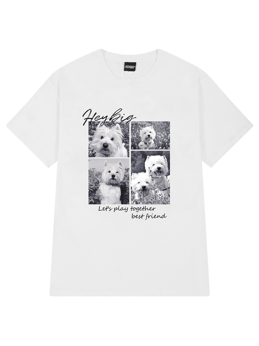 Fashion brand dog photo print short-sleeved T-shirt for men and women summer versatile cotton loose youth clothes round neck half sleeves
