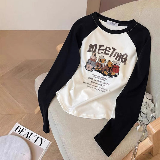 Contrast color pure cotton inner wear design sense splicing long-sleeved T-shirt female 2025 autumn and winter new European goods loose slim top M