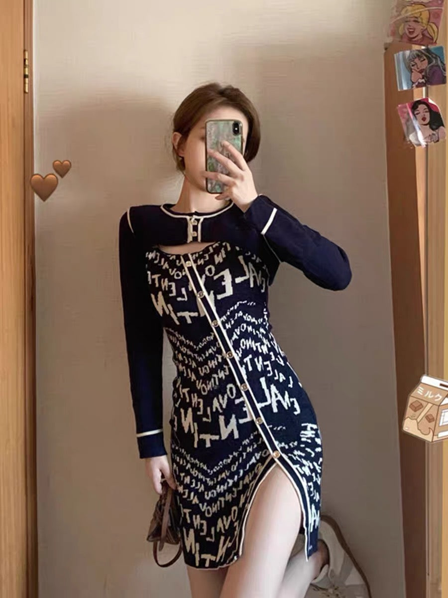 High-end knitted suit for women 2023 new spring and autumn fashion retro temperament irregular slit skirt two-piece set
