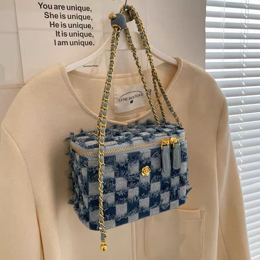 Small fragrant wind bag female 2023 new trendy niche mini lipstick bag denim chain box bag shoulder Messenger bag