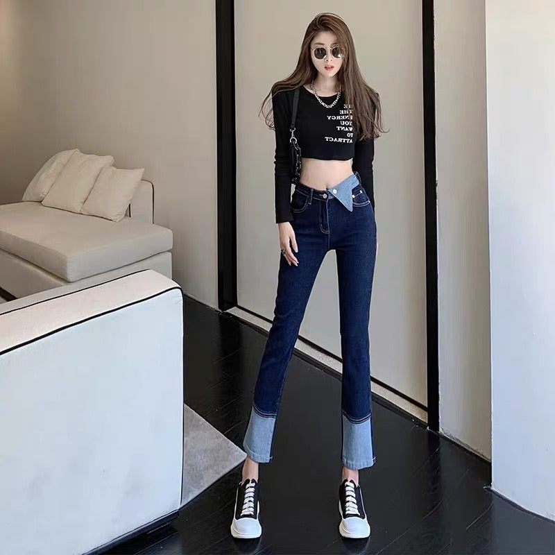 Designed splicing jeans for women 2023 spring high-waisted slimming Korean style boot-cut pants high-end light luxury versatile pants (B3914)