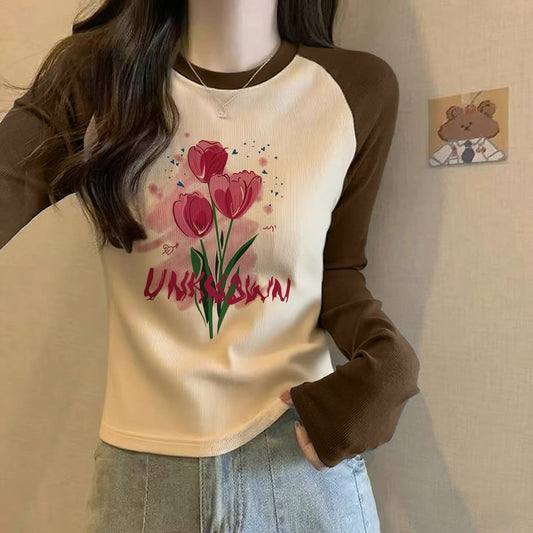 Contrast color pure cotton inner wear design sense splicing long-sleeved T-shirt female 2025 autumn and winter new European goods loose slim top M