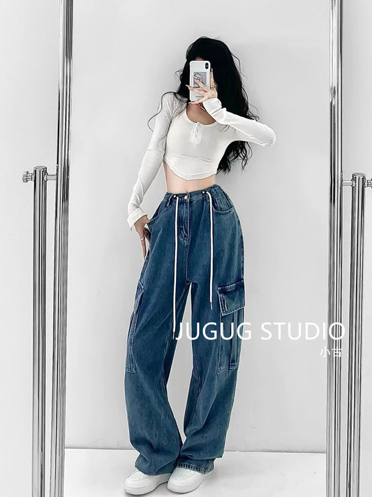 JUGUG autumn and winter large pocket overalls women's high waist loose drawstring jeans wide leg pants elastic waist daddy pants