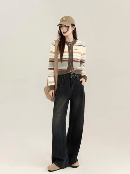 Yang Paopao American retro striped contrasting short sweater jacket for women in autumn small round neck knitted top