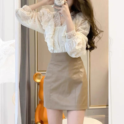 Matino White Lace Ruffled Puff Sleeve Shirt Chic and Beautiful Top French Shirt Women's Spring and Autumn Wear 20