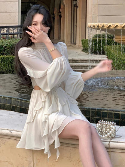 Small temperament milky apricot color design sense fungus edge waist hollow hollow fugitive princess dress female 2023 new style (D019)