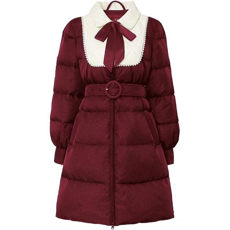 Winter 2023 new women's maroon medium-length white duck down jacket thickened waist bread jacket trendy