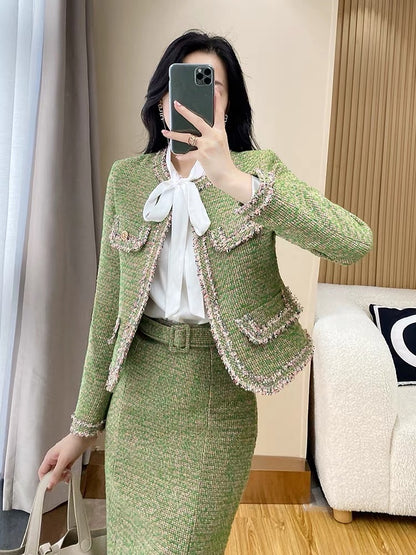 Xiaoxiang style powerful women's clothing suit celebrity temperament fashion high-end sense mid-length fishtail bag hip two-piece set